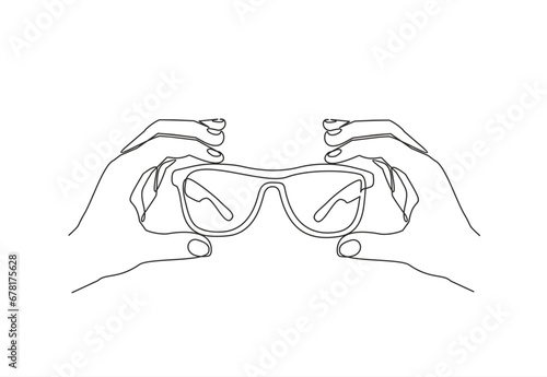 continuous one line vector drawing of hand holding sunglasses. Line art. 
