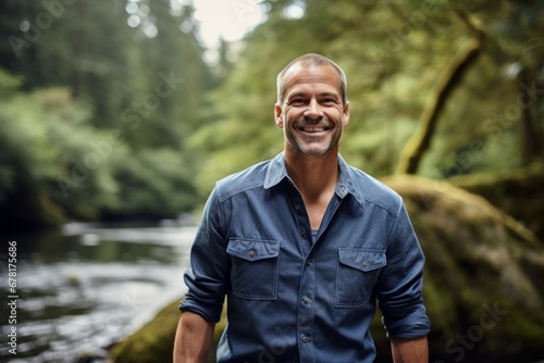 Portrait of a smiling man in his 50s sporting a versatile denim shirt against a tranquil forest stream. AI Generation