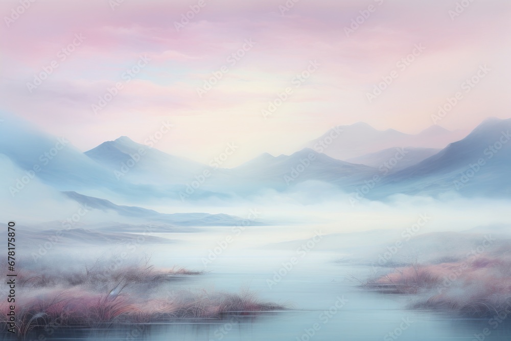 Ethereal Misty Atmosphere with Soft Hues in Abstract Landscape.