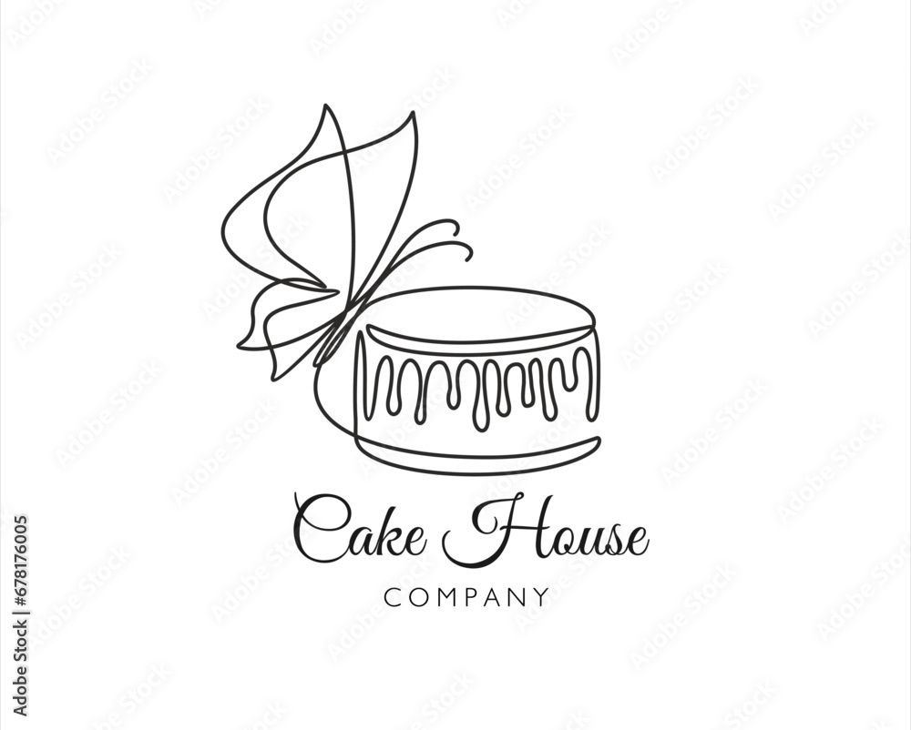 Obraz premium continuous one line drawing of Cake with butterfly isolated on white background for logo or decorative element. Vector illustration of sweet dessert form in trendy outline style.