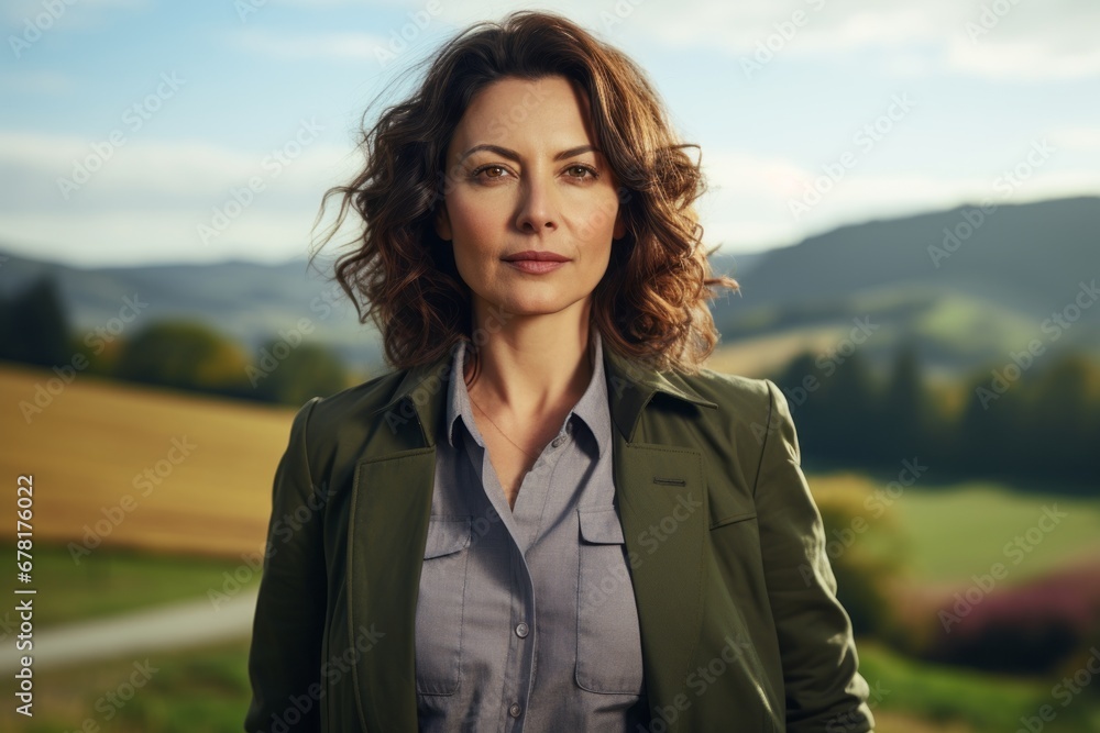 Portrait of a tender woman in her 40s dressed in a stylish blazer against a backdrop of an idyllic countryside. AI Generation