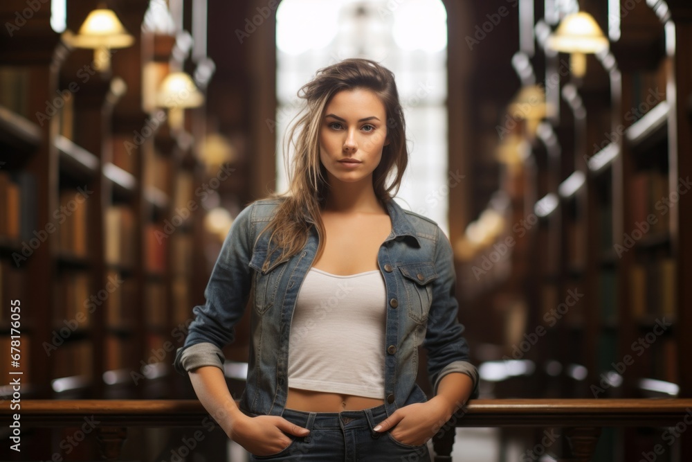 Portrait of a satisfied woman in her 30s wearing a rugged jean vest against a classic library interior. AI Generation