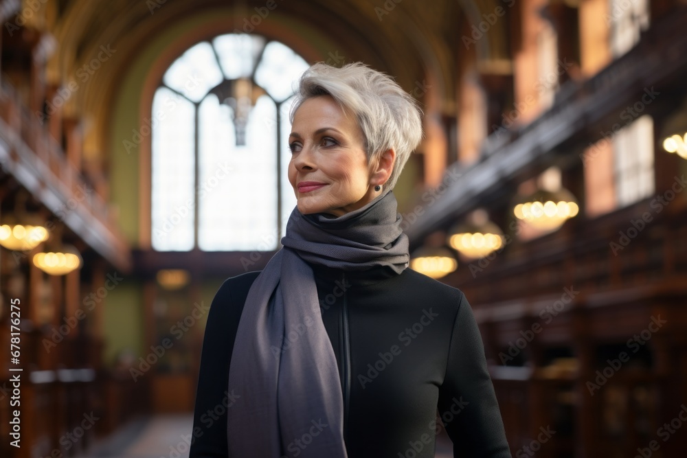 Portrait of a merry woman in her 50s wearing a protective neck gaiter against a classic library interior. AI Generation Portrait of a merry woman in her 50s wearing a protective neck gaiter against a classic library interior. AI Generation