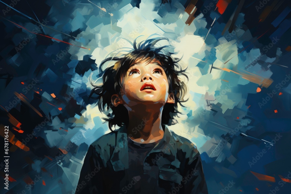 A child transforming trauma into art isolated on a blue gradient background  - obrazy, fototapety, plakaty 