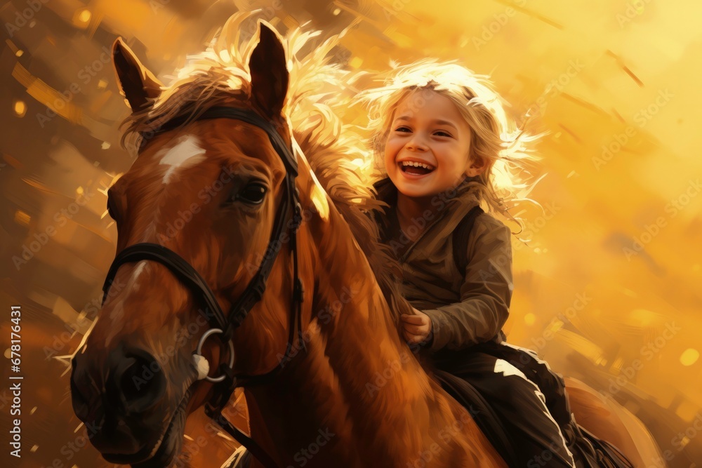 Obraz premium A horse giving an autistic child a joyful ride isolated on a golden gradient background 