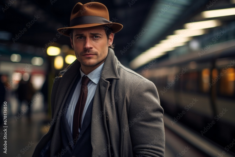 Portrait of a content man in his 30s donning a classic fedora against a modern city train station. AI Generation Portrait of a content man in his 30s donning a classic fedora against a modern city train station. AI Generation
