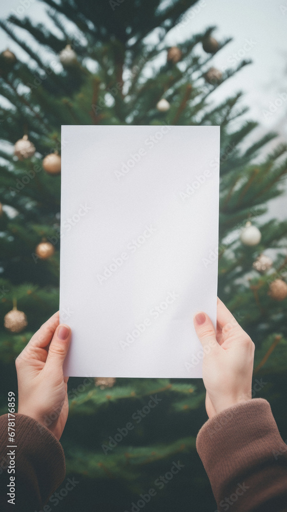 Hands holding blank sheet of paper with christmas tree on background. Hands holding blank sheet of paper with christmas tree on background.