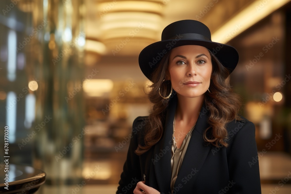 Portrait of a blissful woman in her 40s donning a classic fedora against a luxurious hotel lobby. AI Generation Portrait of a blissful woman in her 40s donning a classic fedora against a luxurious hotel lobby. AI Generation