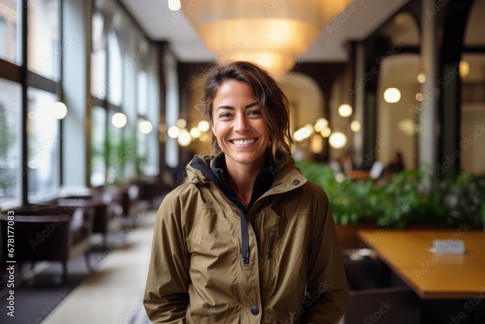 Portrait of a smiling woman in her 40s wearing a lightweight packable anorak against a luxurious hotel lobby. AI Generation Portrait of a smiling woman in her 40s wearing a lightweight packable anorak against a luxurious hotel lobby. AI Generation