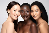 Beautiful happy smiling women together, white skin woman, asian woman and African woman. Multiethnic Diversity concept. 