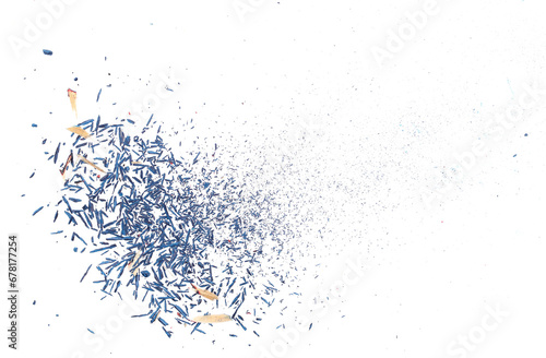 Blue pencil tip shavings from sharpener isolated on white background and texture, top view
 photo