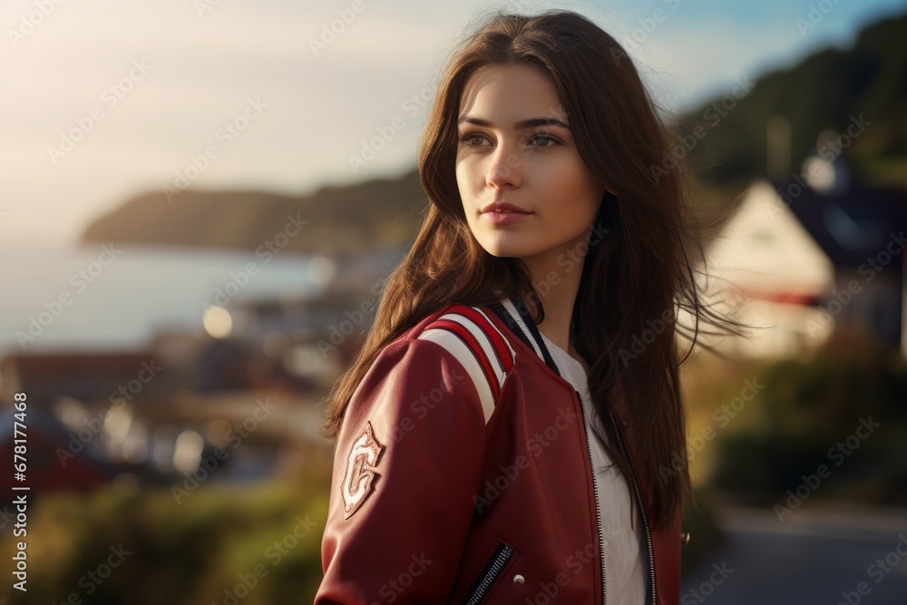 Portrait of a satisfied woman in her 20s sporting a stylish varsity jacket against a picturesque seaside village. AI Generation