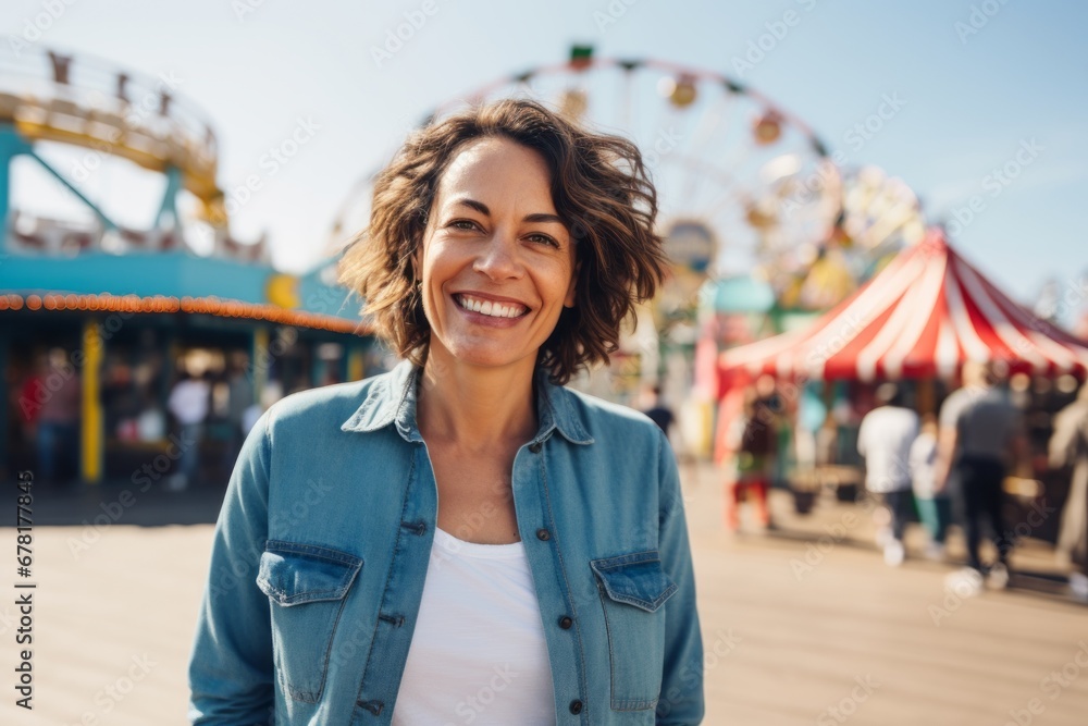 Fototapeta premium Portrait of a smiling woman in her 40s sporting a versatile denim shirt against a vibrant amusement park. AI Generation
