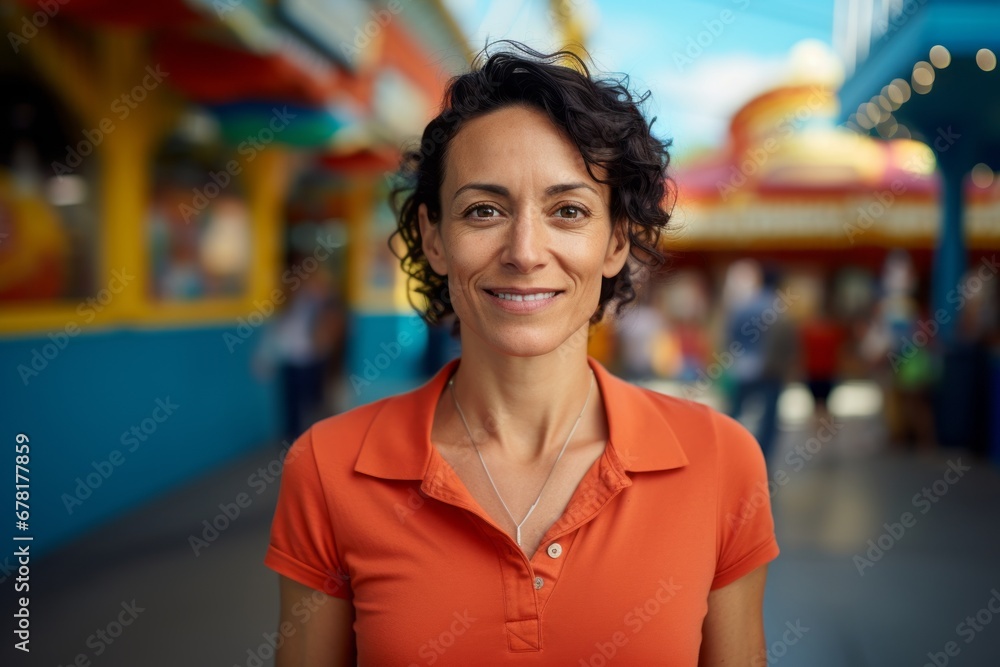 Portrait of a glad woman in her 40s wearing a sporty polo shirt against a vibrant amusement park. AI Generation Portrait of a glad woman in her 40s wearing a sporty polo shirt against a vibrant amusement park. AI Generation