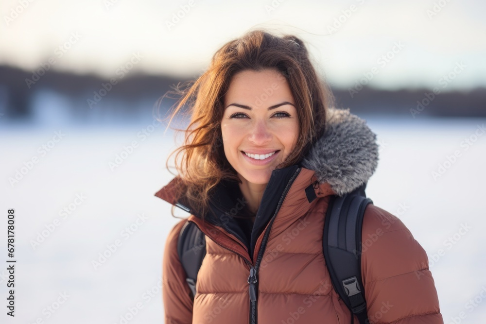Portrait of a smiling woman in her 30s dressed in a breathable mesh vest against a backdrop of a frozen winter lake. AI Generation Portrait of a smiling woman in her 30s dressed in a breathable mesh vest against a backdrop of a frozen winter lake. AI Generation