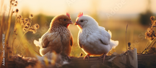 a pair of chickens are kissing