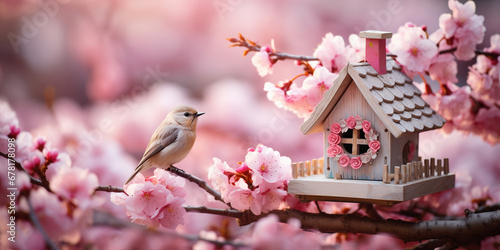 a beautiful birdhouse on a branch with blooming pink flowers and a flying bird Fototapeta