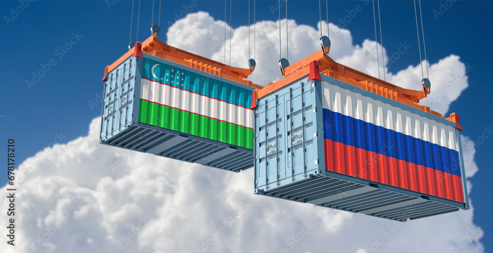 Cargo containers with Russia and Uzbekistan national flags. 3D Rendering 
