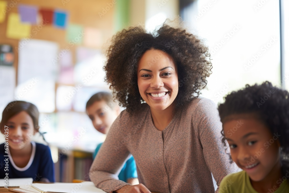 smiling African American woman teaching in classroom. AI Generated smiling African American woman teaching in classroom. AI Generated