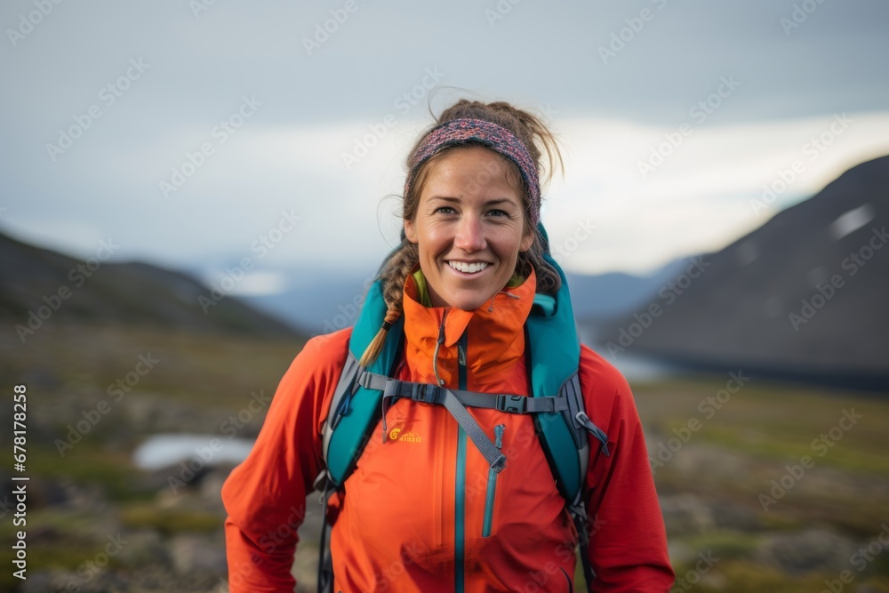 Portrait of a smiling woman in her 20s sporting a technical climbing shirt against a backdrop of an arctic landscape. AI Generation