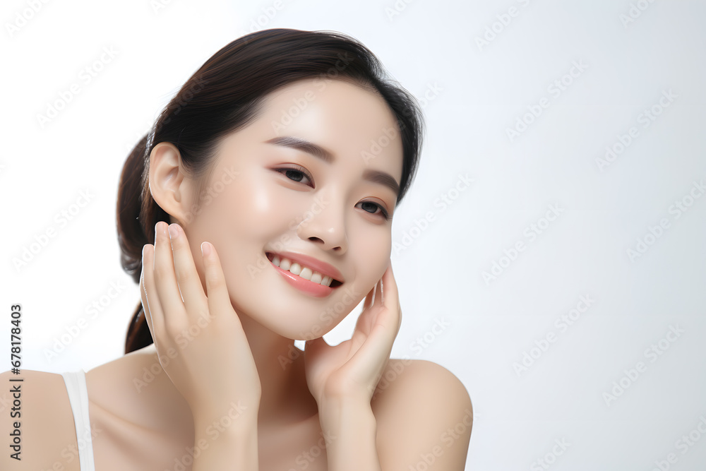Beautiful smiling asian korean woman touch face with smooth healthy skin. Beautiful woman portrait Beautiful smiling asian korean woman touch face with smooth healthy skin. Beautiful woman portrait