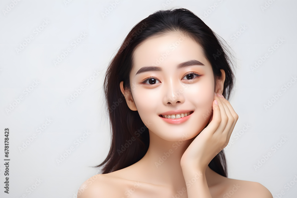 Beautiful smiling asian korean woman touch face with smooth healthy skin. Beautiful woman portrait Beautiful smiling asian korean woman touch face with smooth healthy skin. Beautiful woman portrait