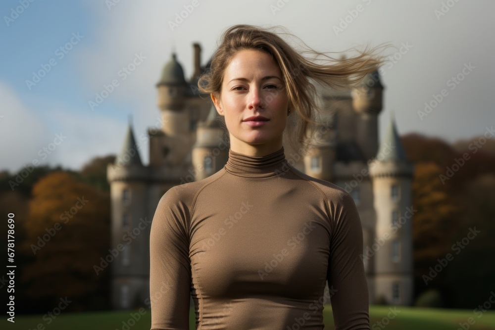 Portrait of a satisfied woman in her 30s showing off a lightweight base layer against a backdrop of a grand castle. AI Generation Portrait of a satisfied woman in her 30s showing off a lightweight base layer against a backdrop of a grand castle. AI Generation