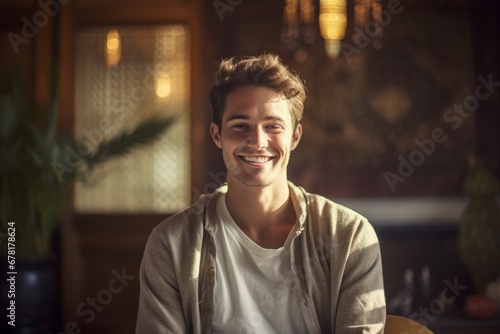 Portrait of a grinning man in his 20s wearing a chic cardigan against a serene meditation room. AI Generation