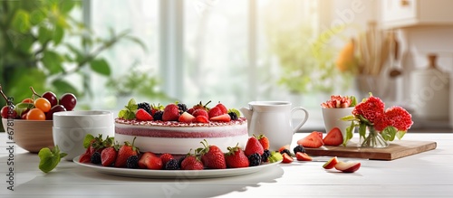 In the background of a sunny summer morning a white table adorned with a healthy breakfast spread was decorated with a vibrant red fruit cake leafy greens and a steaming cup of coffee creati