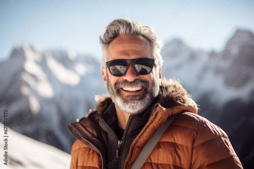 Portrait of a grinning man in his 40s wearing a trendy sunglasses against a pristine snowy mountain. AI Generation