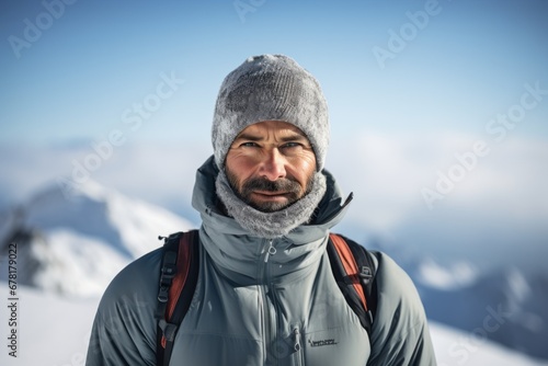 Portrait of a glad man in his 40s wearing a protective neck gaiter against a pristine snowy mountain. AI Generation