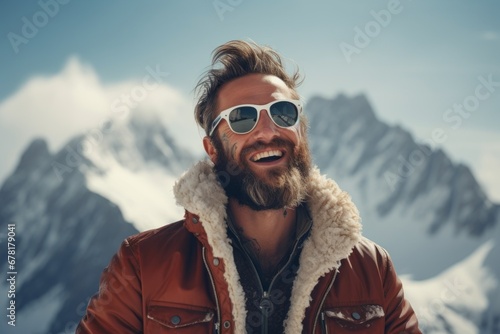 Portrait of a grinning man in his 40s wearing a trendy sunglasses against a pristine snowy mountain. AI Generation