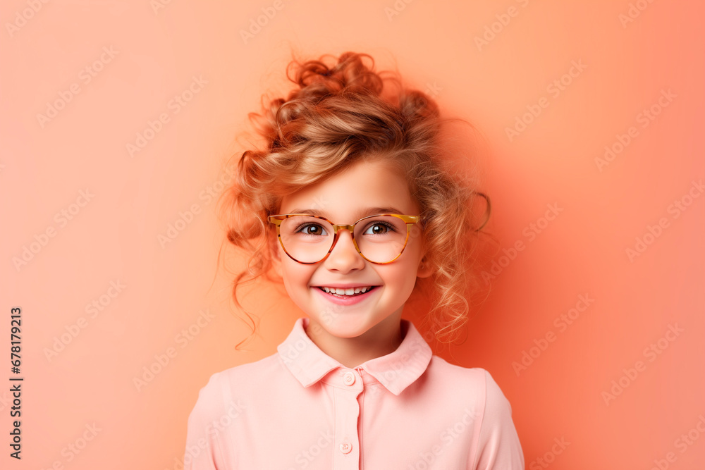Funny and elegant 5 year old girl in glasses poses in the studio. looking at camera on bright background 