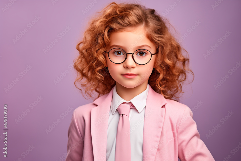 Funny and elegant 5 year old girl in glasses poses in the studio. looking at camera on bright background 