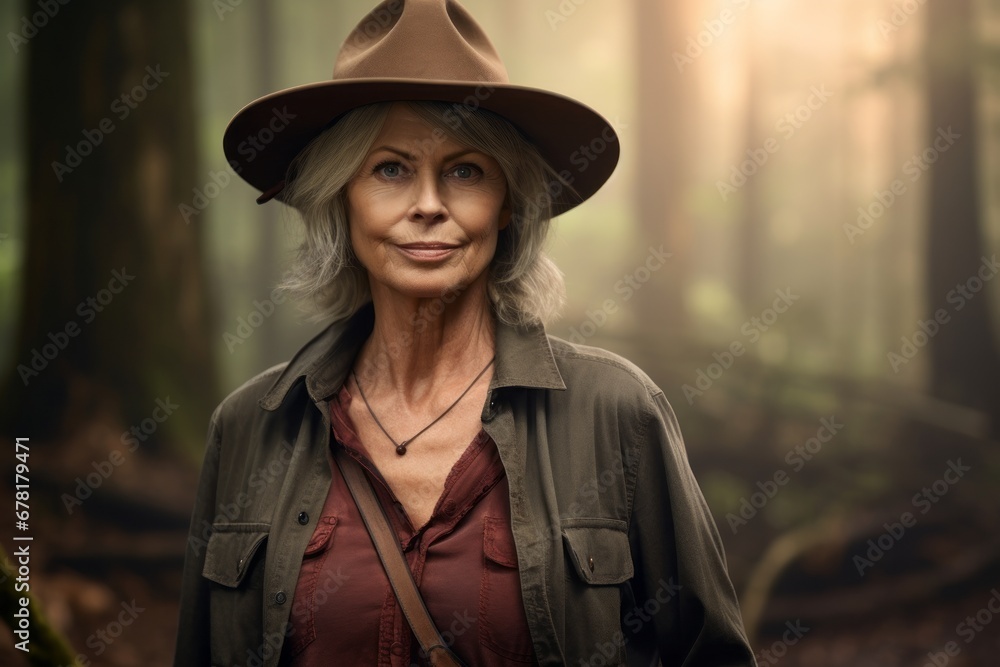 Portrait of a glad woman in her 60s wearing a rugged cowboy hat against a backdrop of a mystical forest. AI Generation