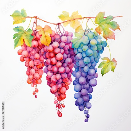 Bunches of white, red, blue grapes and vine leaves isolated on white background. Watercolor food illustration. Vineyard farm