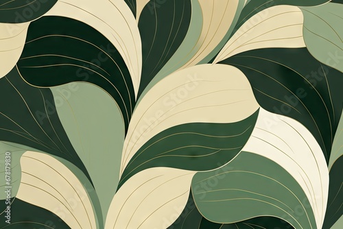 Fototapeta Naklejka Na Ścianę i Meble -  Green leaves background. Luxury beige and green abstract pattern, summer or spring nature ornament. Modern green mosaic. Art deco style. Elegant luxury wallpaper or banner