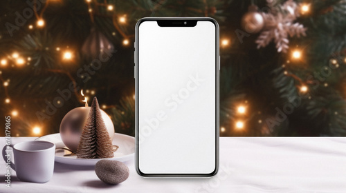 Mockup of a smartphone with a white screen on a white table against the background of a Christmas tree.