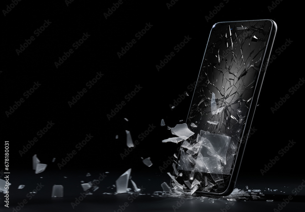 A shattered Cellular Phone - falling - broken - crushed - explosion - damaged - generic model - shards of broken screen - obrazy, fototapety, plakaty 