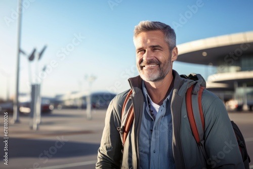Portrait of a tender man in his 50s showing off a lightweight base layer against a bustling airport terminal background. AI Generation © CogniLens