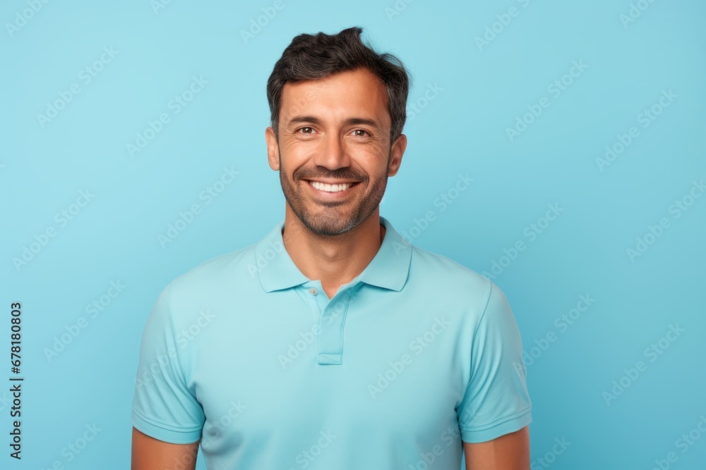 Portrait of a cheerful man in his 30s wearing a sporty polo shirt against a pastel blue background. AI Generation Portrait of a cheerful man in his 30s wearing a sporty polo shirt against a pastel blue background. AI Generation