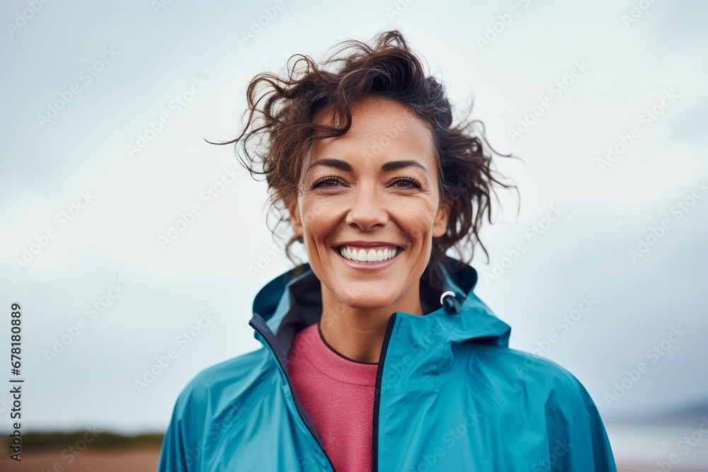 Portrait of a smiling woman in her 40s wearing a functional windbreaker against a pastel blue background. AI Generation Portrait of a smiling woman in her 40s wearing a functional windbreaker against a pastel blue background. AI Generation