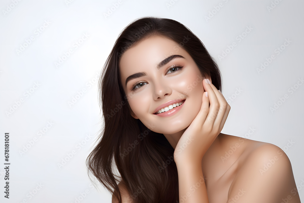 Beautiful smiling woman touching face with smooth healthy skin. Beautiful woman portrait Beautiful smiling woman touching face with smooth healthy skin. Beautiful woman portrait