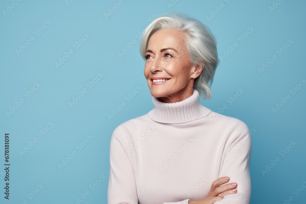Portrait of a content woman in her 70s wearing a classic turtleneck sweater against a pastel blue background. AI Generation Portrait of a content woman in her 70s wearing a classic turtleneck sweater against a pastel blue background. AI Generation