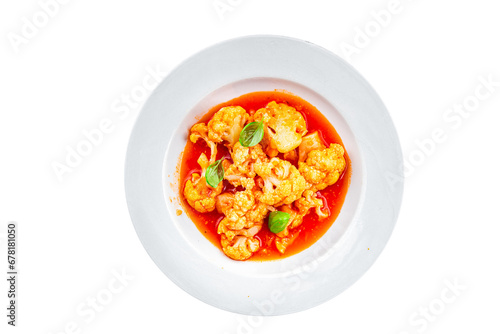 cauliflower tomato sauce casserole stewed vegetable healthy eating cooking appetizer meal food snack on the table copy space food background rustic top view 