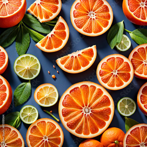 Voluminous citrus fruits - orange, lemon, lime with leaves on a blue background