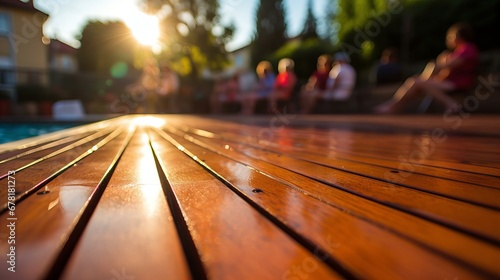 Golden Sunset Glow Over Wooden Pool Deck with Relaxed Summer Evening Ambiance