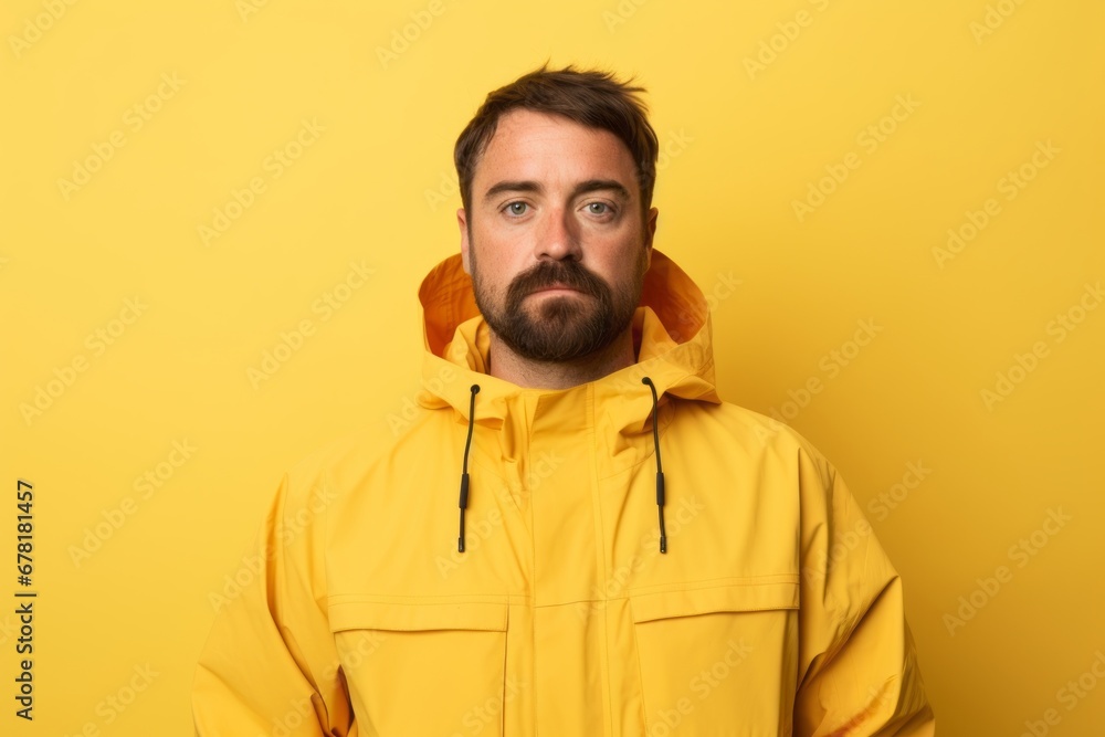 Obraz premium Portrait of a merry man in his 30s wearing a windproof softshell against a pastel yellow background. AI Generation