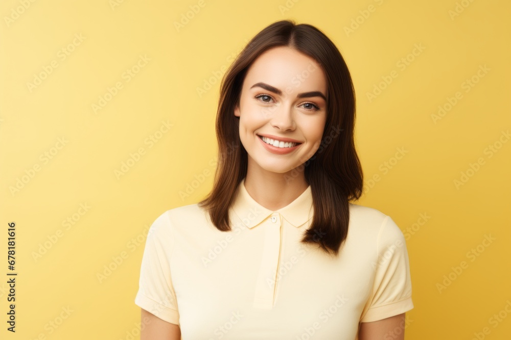 Portrait of a smiling woman in her 20s donning a classy polo shirt against a pastel yellow background. AI Generation Portrait of a smiling woman in her 20s donning a classy polo shirt against a pastel yellow background. AI Generation