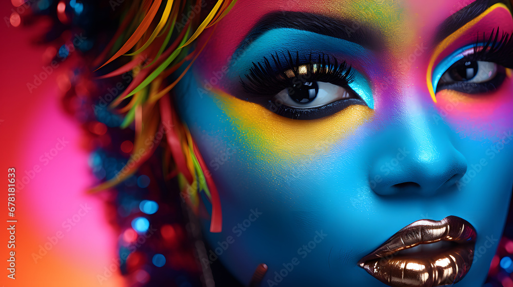 Mysterious Woman with colorful eye futuristic makeup portrait - obrazy, fototapety, plakaty 